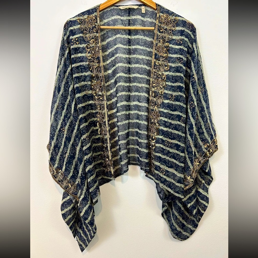 Soft Surroundings Woman L/XL Kimono Embroidered Open Front Sheer Blue White